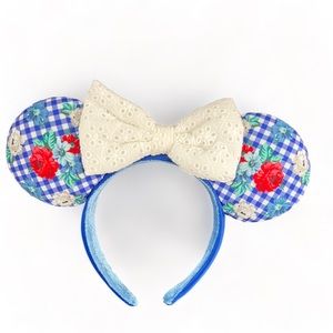Disney’s Minnie Mouse Headband Ears Blue and White Gingham Floral Pattern Unisex